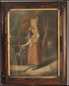 An early 19th century print of ' The Water Carrier ' being set with a faux wood plaster frame with