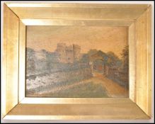A 19th century oil on board painting of Carisbrooke Castle, Isle of WIght. Set within a gilt