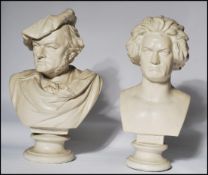 A pair of 19th century large plaster bust studies of Wagner and Beethoven. Each being raised on