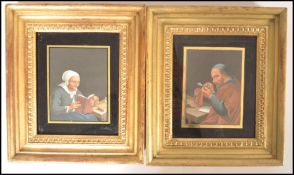 A pair of Dutch 19th century goache paintings on card of an old man and his wife set within eglomise