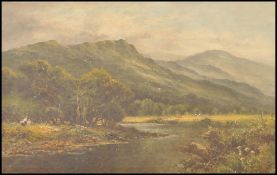 An English SChool large 19th century oil on canvas river landscape set before mountains, possibly