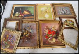 A large collection of ornately gilt framed oil on