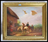 A 19th century oil on canvas painting of a farmers wife serving tea to huntsman and farmer mounted