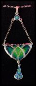 A sterling silver Art Nouveau style necklace pendant set with enamel complete in jewellery