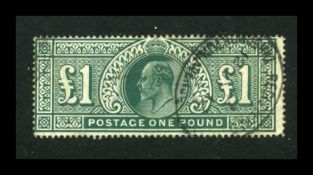GB STAMP King Edward 7th £1 Deep green. Postmark dated 1912. Cat £750.