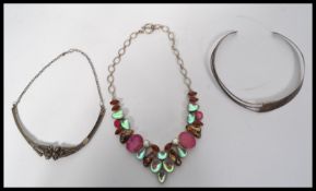 Three large sterling silver necklaces of Cleopatra style , one set with various semi precious stones