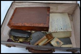 A dealers lot to include a vintage suitcase, walnut box, cut throat razor, vintage childrens