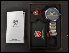 A contemporary boxed Shark Sports Watch Wing head model with alarm clock stop watch. Set to a