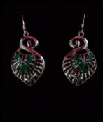 A pair of sterling silver plique a jour earrings with inset green stones. Complete in jewellery