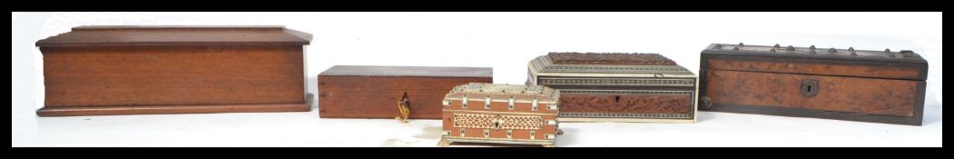 A collection of 19th and 20th Century work and trinket boxes varying in design and styles. Measures: