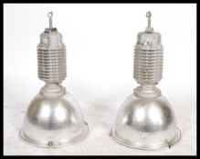 A pair of large chrome / brushed steel  retro 20th Century industrial factory pendant ceiling lights