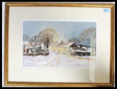 David Diplock 2005. A framed and glazed watercolour painting of a winter farm scene in snow being