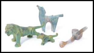 A set of three antique style Chinese bronze cold painted  figures to include a horse, tiger and