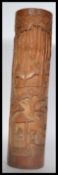 An early 20th century tall bamboo brush pot / vase of cylindrical form having carved scenes of