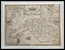 A framed John Speede map of Glamorgan - Glamorgan Shyre to include Swansea and Cardiff. Notation