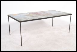 A retro 20th Century tiled top coffee table painted with a scene from Noah's Ark featuring the Ark