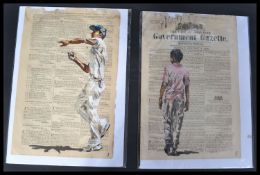 A pair of unusual cricket interest watercolour paintings of cricketers on 19th Century The Cape Of