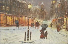 John Bampfield - oil on canvas, dusk-lit High Street snow scene with pedestrians and coaches,