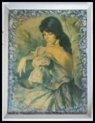A vintage retro 20th century Lynch style framed print of a lady having later painted border.