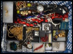 A collection of vintage costume dress jewellery to include silver rings , watches , brooches ,