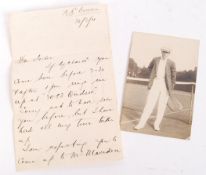 NORMAN BROOKES - TENNIS CHAMPION - LETTER & POSTCARD