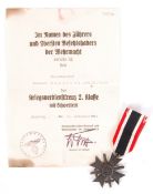 NAZI WAR MERIT SECOND CLASS WITH AWARD PAPER