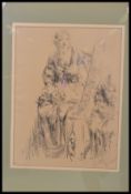 An early 20th century pencil  pastel sketch painting portrait study of a lady painting with easel.