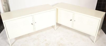 A pair of contemporary metal low locker cabinet sideboards. Each of painted metal construction