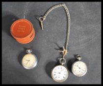 A silver hallmarked open faced pocket watch and fob chain together with another two silver plated