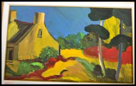 A stunning vibrant abstract oil on board painting landscape painting of a cottage in a country