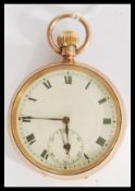 A 9ct gold hallmarked open face pocket watch stamped 375 to inner case, makers LA. The open face
