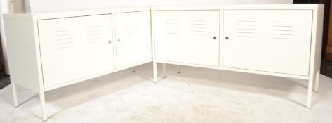 A pair of contemporary metal low locker cabinet sideboards. Each of painted metal construction