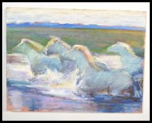 MICHAEL COOTE ( B 1931 ); A  20th century oil / gouache abstract painting depicting horses cantering