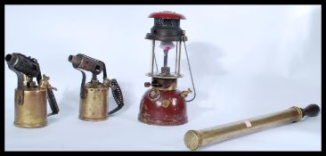 A collection of vintage items to include blow torches, weed sprayer, Bialadin lamp etc