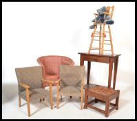 A pair of vintage early 20th century fireside chairs with moquette upholstered seats together with a