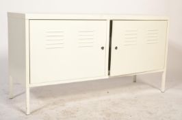 A   contemporary metal low locker cabinet sideboard. The cabinet of low form being of painted
