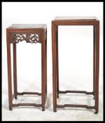 2 19th century Chinese hardwood side tables of small form being raised on shaped legs with fret
