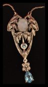 A sterling silver art nouveau style necklace pendant set with CZs with central opal and aquamarine
