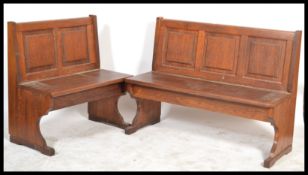 2 antique style pew type oak benches - seats having fielded panel backs, each with hinged seats