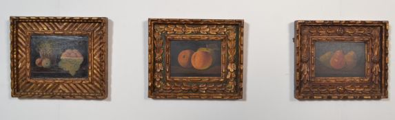 A set of 3 mid century oil on panel paintings of still life fruits to include apples, pairs, bowl of