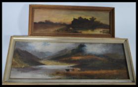 Two 19th century oil paintings one of a dark rural scene with cottage and fence with trees and
