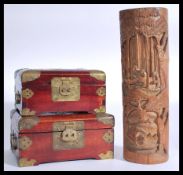 2 Chinese mid century jewellery boxes with inlaid soapstone detailing together with a Chinese carved