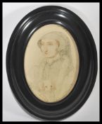 A 19th century portrait sketch of a lady in head dress holding a dog. Inscription to upper right