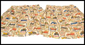 A pair of vintage retro 20th century curtains featuring various classic cars. Measures: 135cm high x