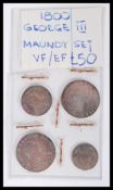 An early 19th century four coin set of George III 1800 Maundy coins. Largest measures 2 cm