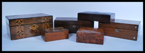 A collection of antique wooden work boxes dating from the 19th century to include tunbridge