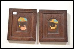 A pair of 19th century oil on board paintings of farm animals and farmers featuring pigs and