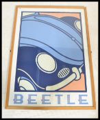 A vintage 20th century Volkswagen Beetle style pop-art poster print in a two tone blue colourway