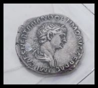 Roman Coin Trajan AR Denarius. Rome, AD 112-114. IMP TRAIANO AVG GER DAC P M TR P COS VI P P,