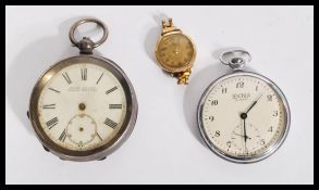 A hallmarked silver pocket watch along with a Sekonda pocket watch and a 9ct gold cocktail watch.